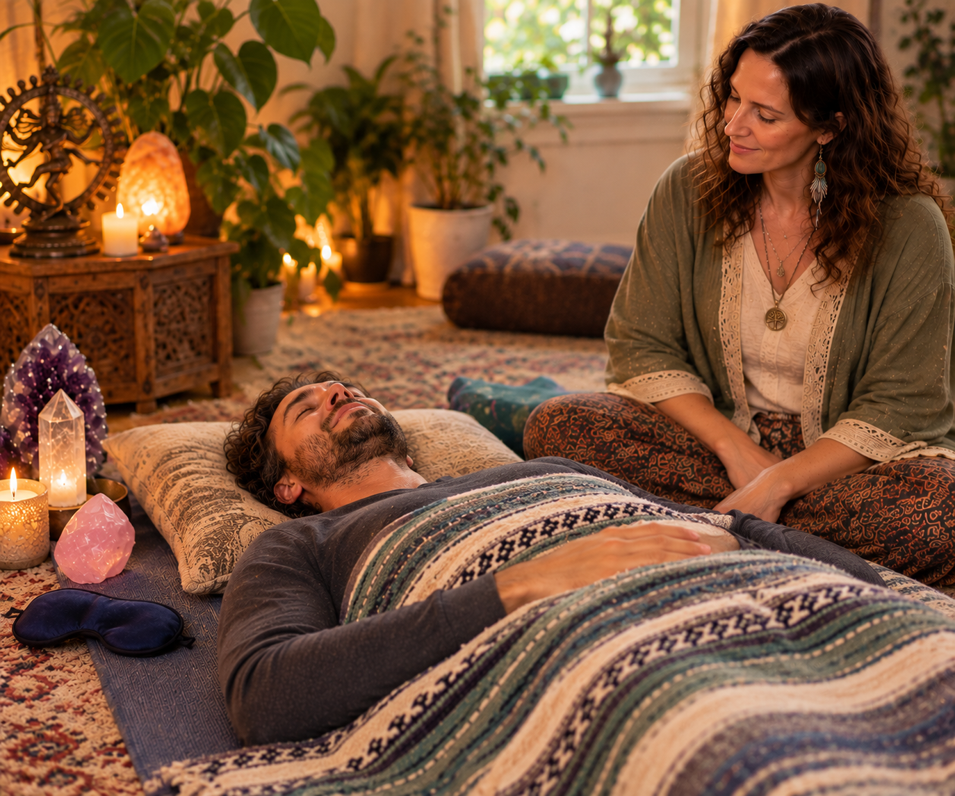 Asttarte sitting beside a man lying under a blanket, eyes closed, a hand on his belly, as she guides him into rest