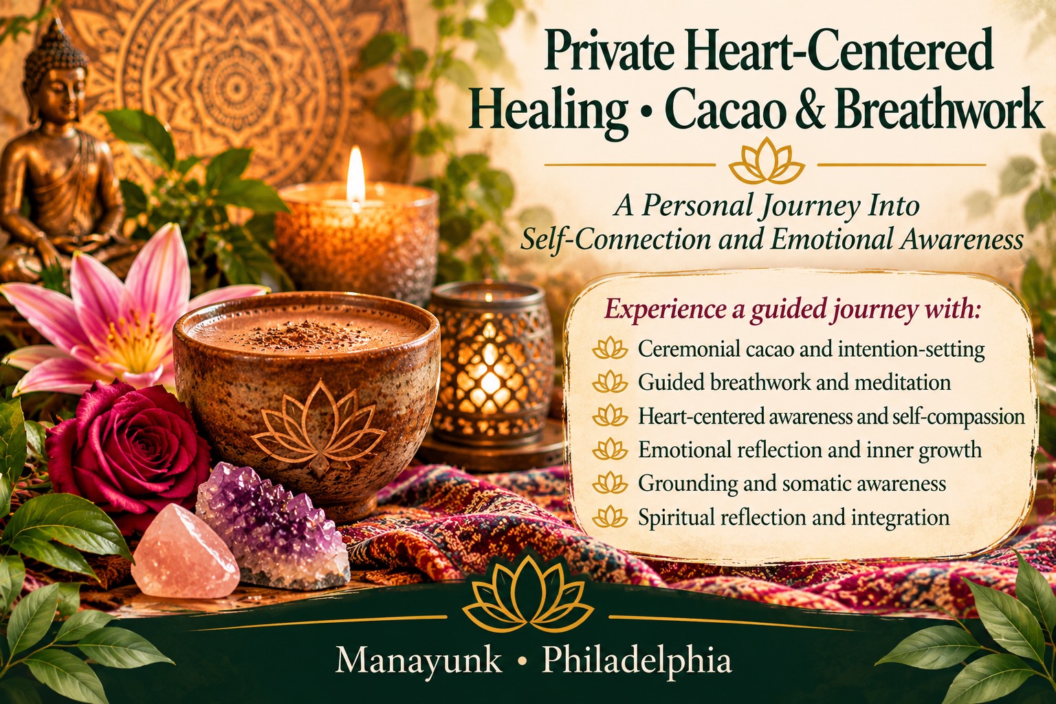 Ceremonial cacao cup with candles, crystals, and flowers for private heart-centered healing in Manayunk Philadelphia