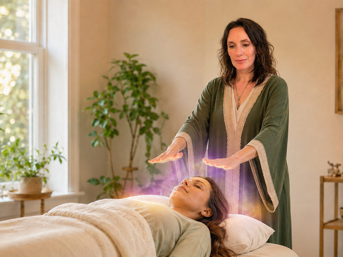 Asttarte providing a professional hands-near energy-healing session.
