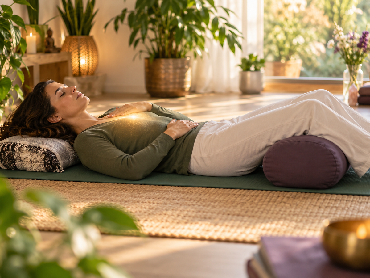 Woman practicing guided Breathwork while resting comfortably with supportive bolsters.