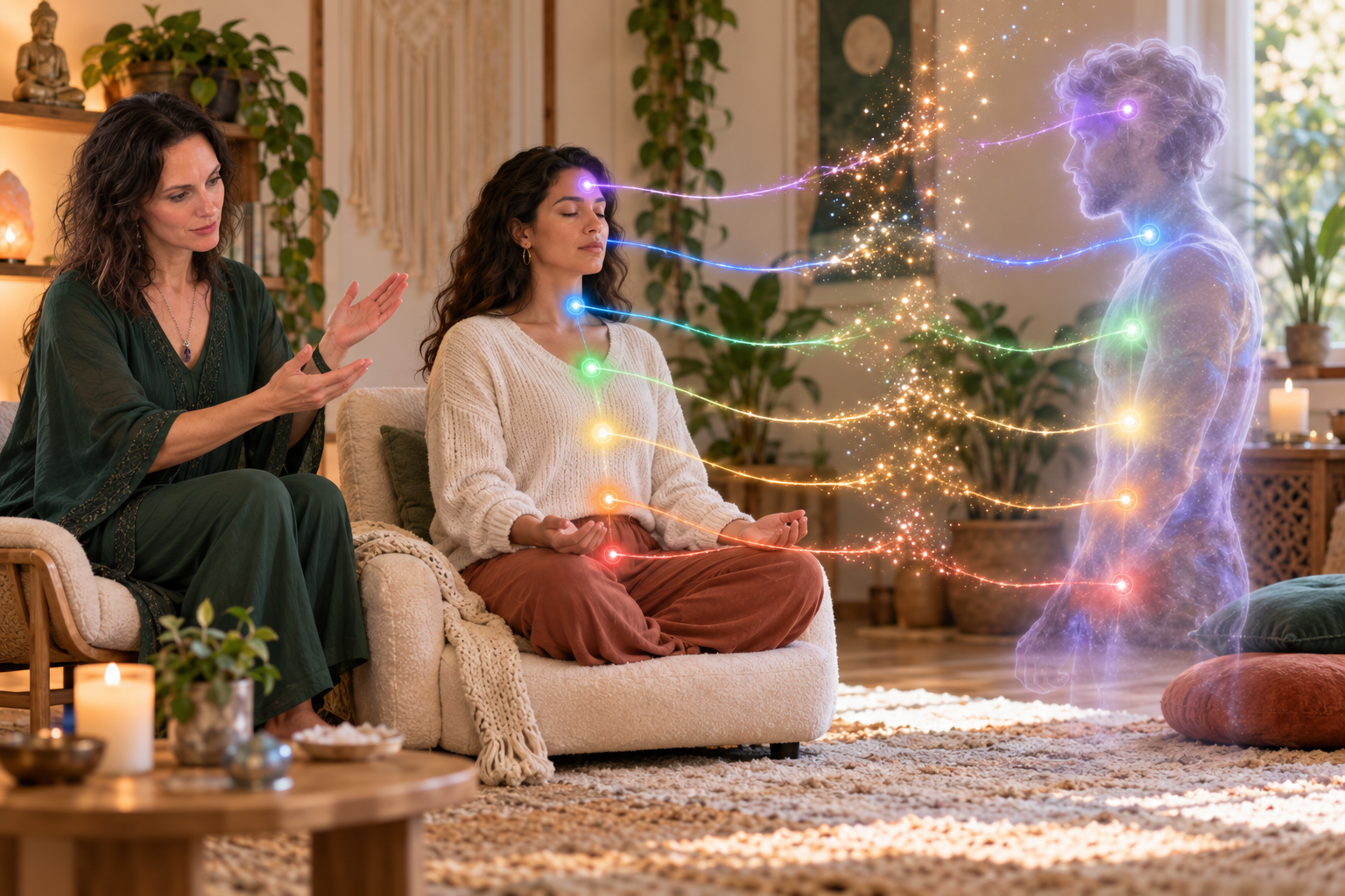 Asttarte Deva guiding a seated client as luminous cords between their energy centers and another figure release and dissolve