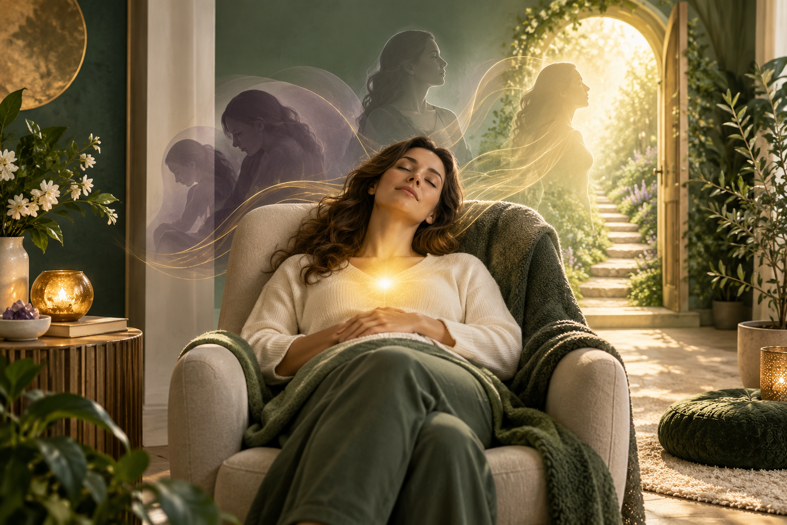A woman seated with eyes closed, hands over her heart, reconnecting with earlier versions of herself in a quiet room