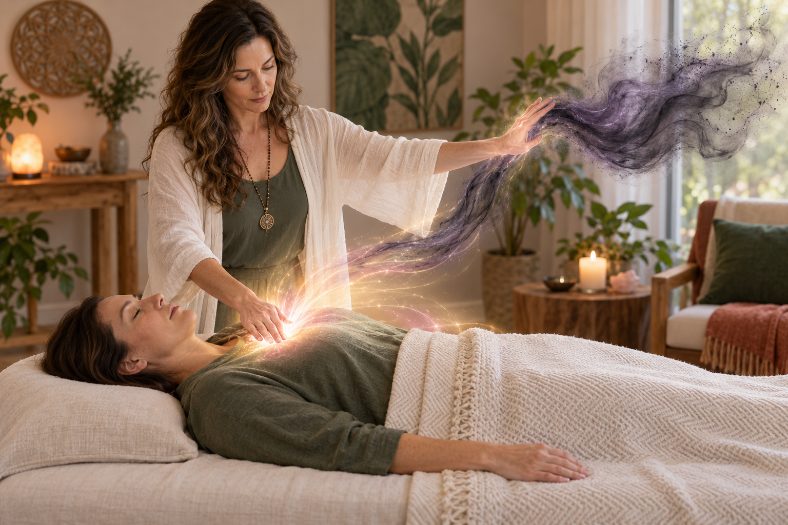 Asttarte Deva holding a point at the heart while drawing heavy energy away and bringing light back during an Integrated Energy Therapy session