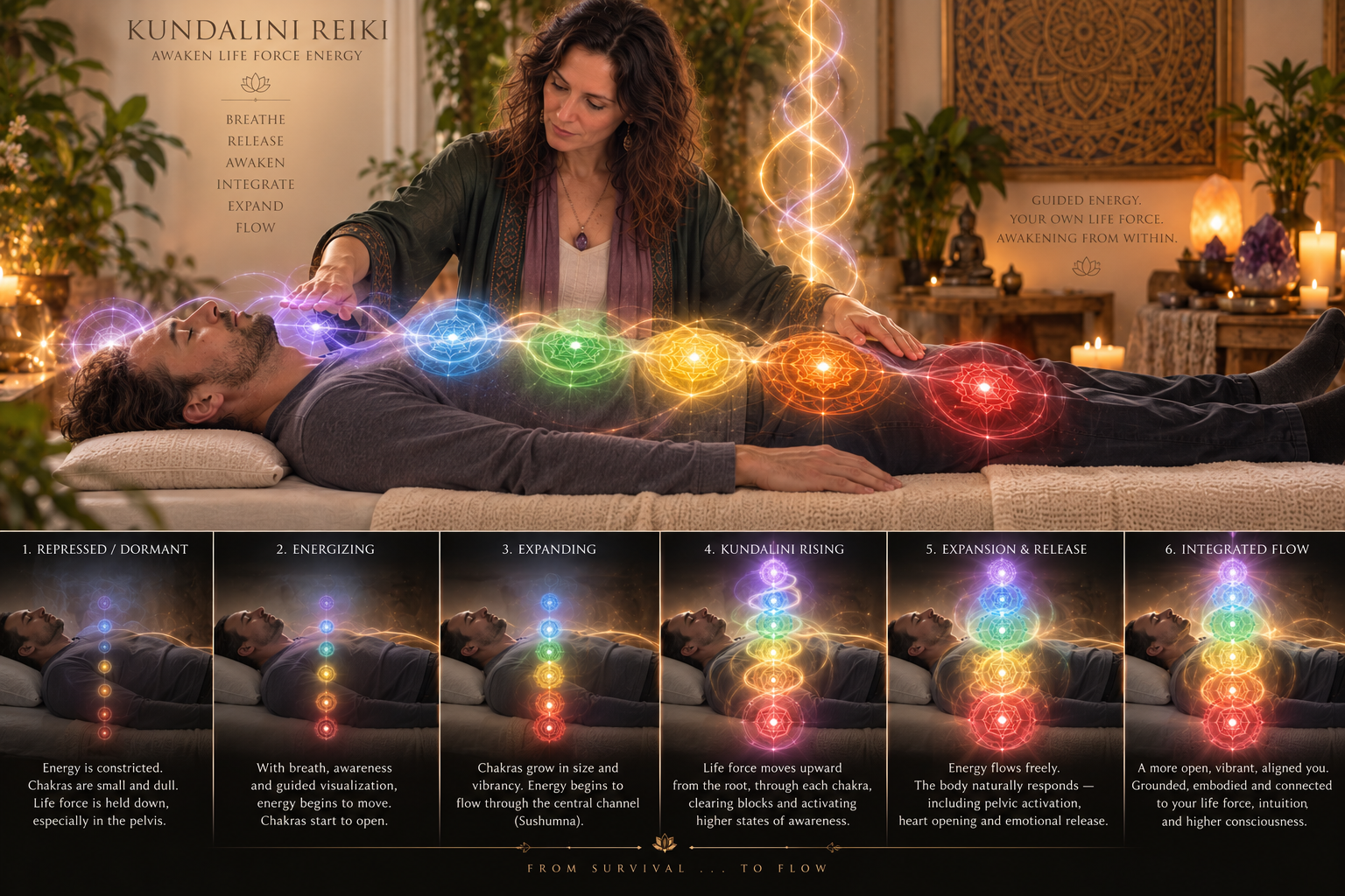 Asttarte with a hand at a man’s brow as colored energy centers open along his body during Kundalini Reiki