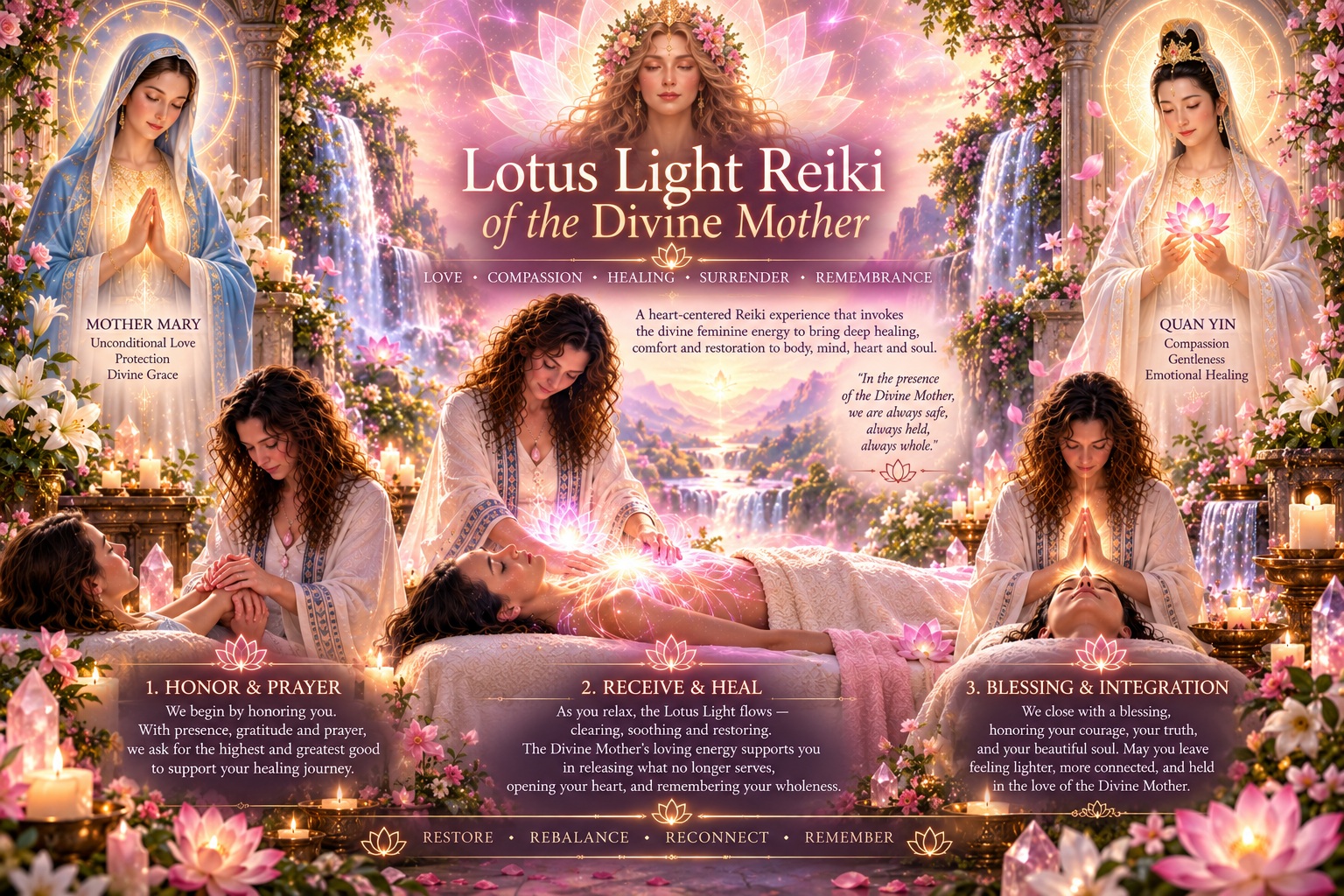 Asttarte with hands over a client’s heart as lotus light opens during a Lotus Light Reiki session, with Mother Mary and Quan Yin present