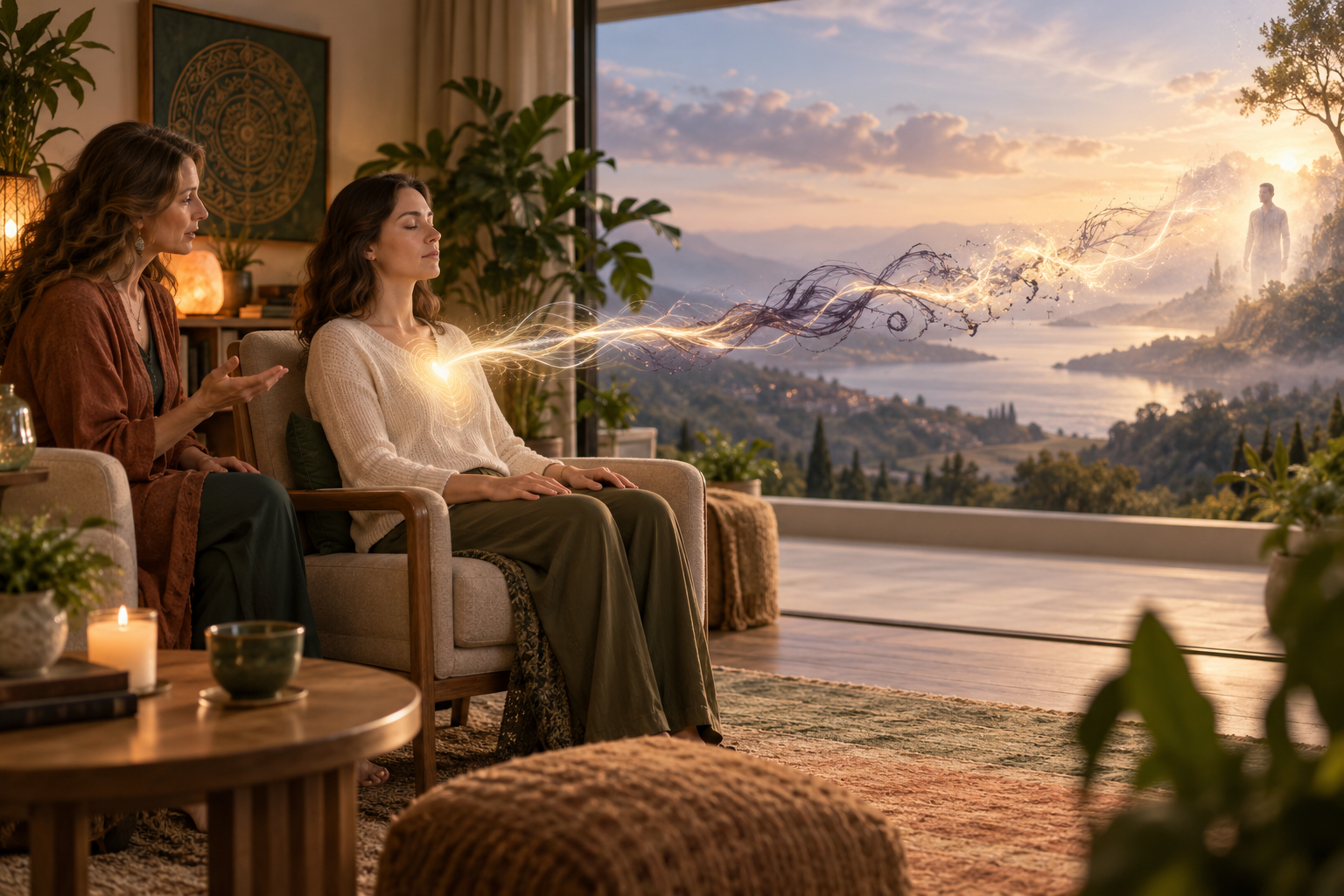 A seated session in which a dense cord of energy leaves the heart and unravels toward a distant figure