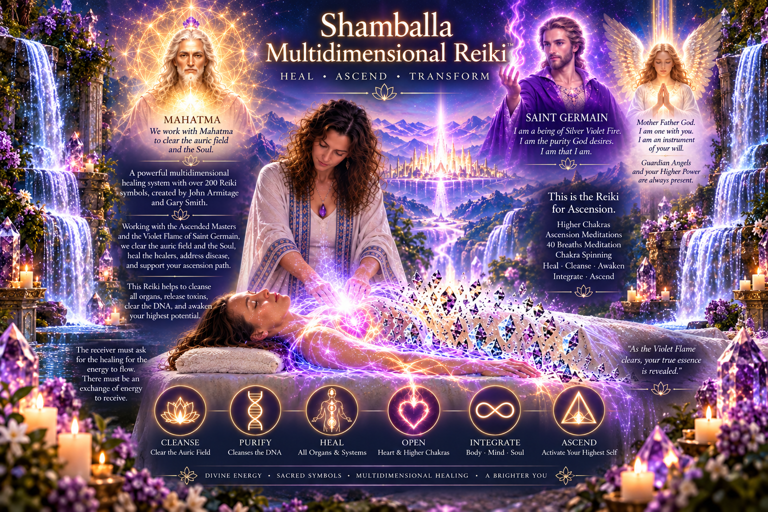 Asttarte with hands over a client as violet light moves through the body during a Shamballa Reiki session