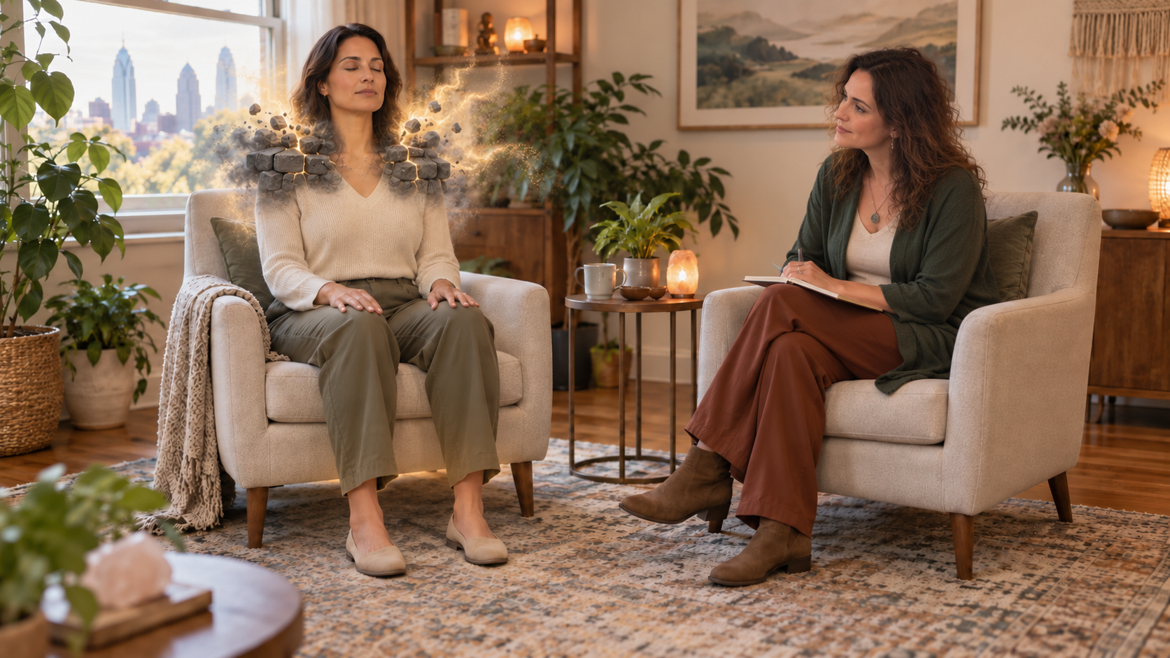 A seated woman with eyes closed as the weight on her shoulders appears as bricks dissolving into light, while Asttarte sits beside her