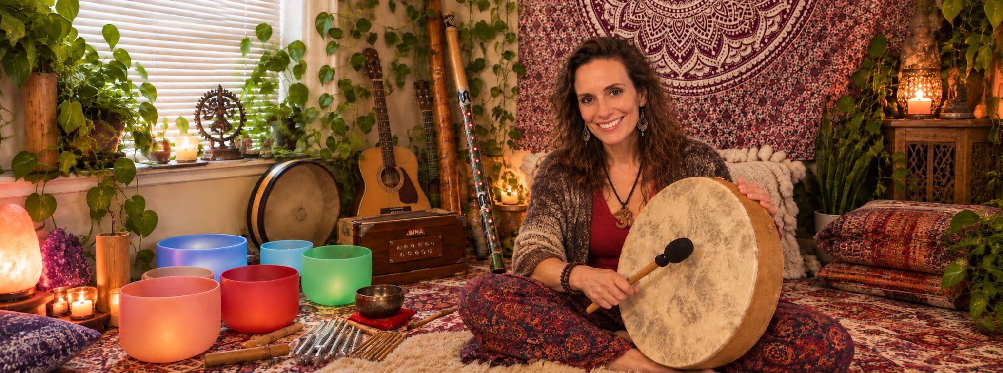 Asttarte Deva smiling with a frame drum, crystal bowls, and sound healing instruments in a bright plant-filled room