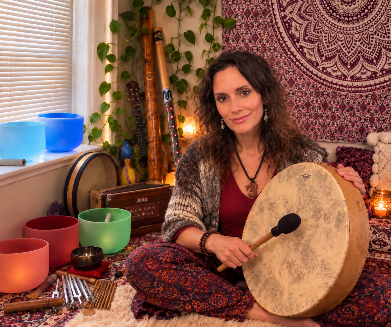 Asttarte Deva smiling with a frame drum, crystal bowls, tuning forks, and sound healing instruments