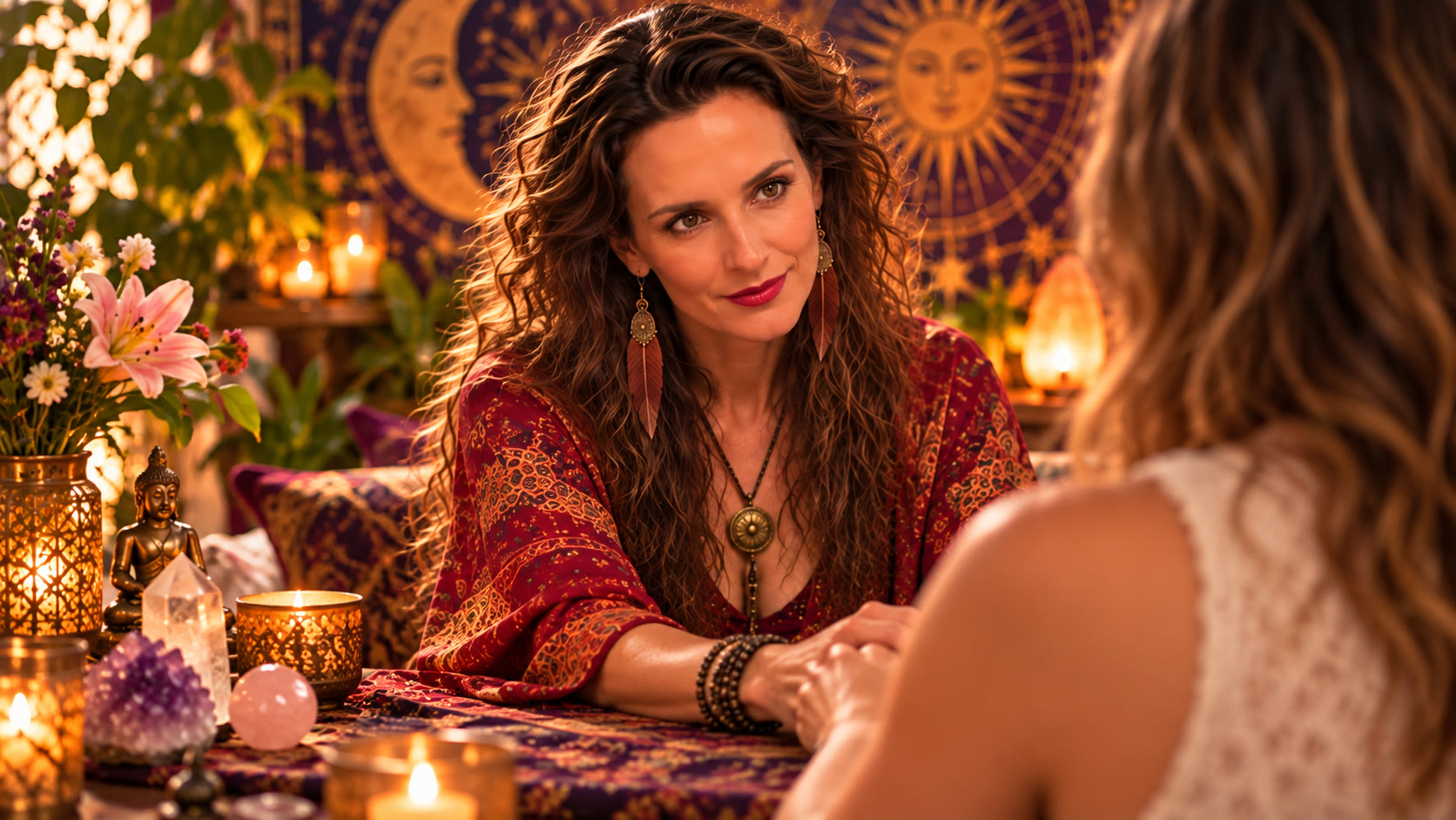 A reader holding a client's hands across a candlelit table, meeting her gaze