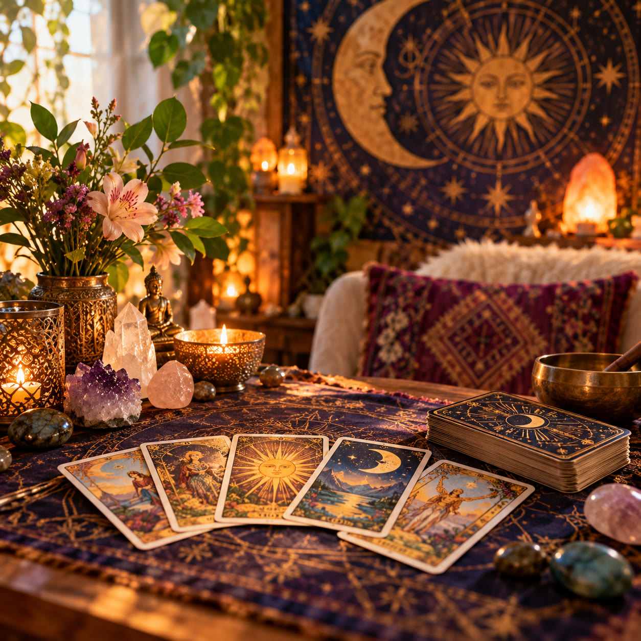 A spread of tarot cards on a cloth, with crystals, candles, and a singing bowl