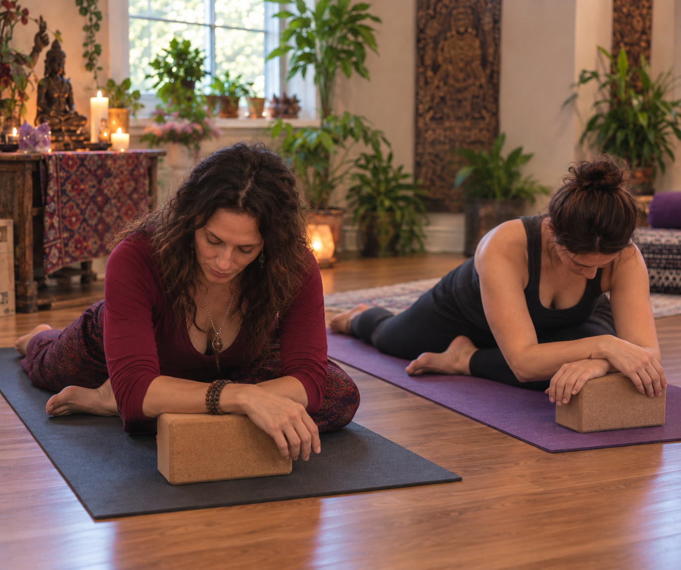 Asttarte and a student in Pigeon Pose, each folded forward over a yoga block on her own mat